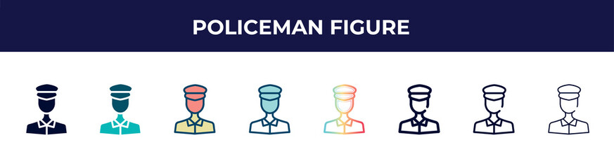 policeman figure icon in 8 styles. line, filled, glyph, thin outline, colorful, stroke and gradient styles, policeman figure vector sign. symbol, logo illustration. different style icons set.