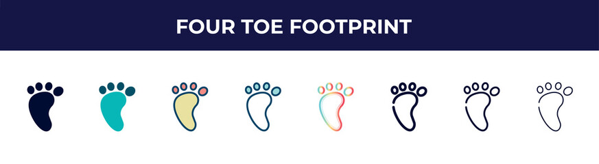 four toe footprint icon in 8 styles. line, filled, glyph, thin outline, colorful, stroke and gradient styles, four toe footprint vector sign. symbol, logo illustration. different style icons set.