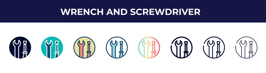 wrench and screwdriver icon in 8 styles. line, filled, glyph, thin outline, colorful, stroke and gradient styles, wrench and screwdriver vector sign. symbol, logo illustration. different style icons