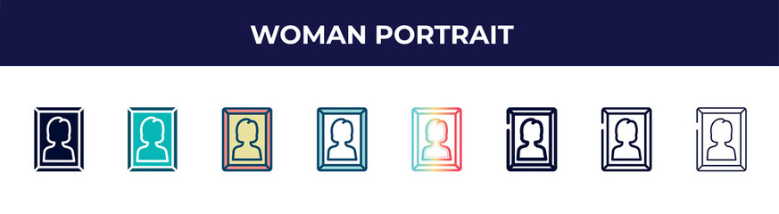 Fototapeta premium woman portrait icon in 8 styles. line, filled, glyph, thin outline, colorful, stroke and gradient styles, woman portrait vector sign. symbol, logo illustration. different style icons set.