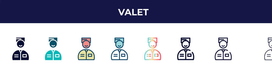 valet icon in 8 styles. line, filled, glyph, thin outline, colorful, stroke and gradient styles, valet vector sign. symbol, logo illustration. different style icons set.