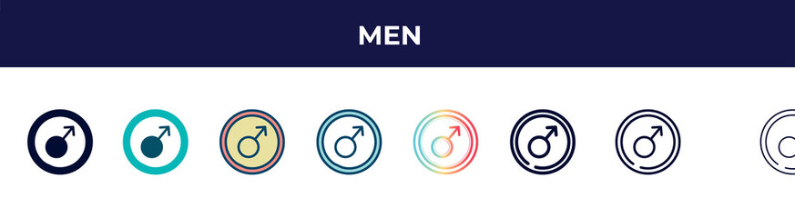 men icon in 8 styles. line, filled, glyph, thin outline, colorful, stroke and gradient styles, men vector sign. symbol, logo illustration. different style icons set.