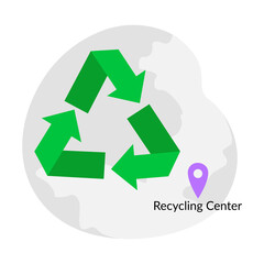 Green recycling sign on the background of the map. Recycling center, clothing donation. Vector