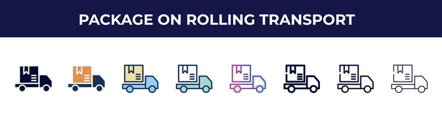 package on rolling transport icon in 8 styles. line, filled, glyph, thin outline, colorful, stroke and gradient styles, package on rolling transport vector sign. symbol, logo illustration. different