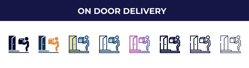 on door delivery icon in 8 styles. line, filled, glyph, thin outline, colorful, stroke and gradient styles, on door delivery vector sign. symbol, logo illustration. different style icons set.