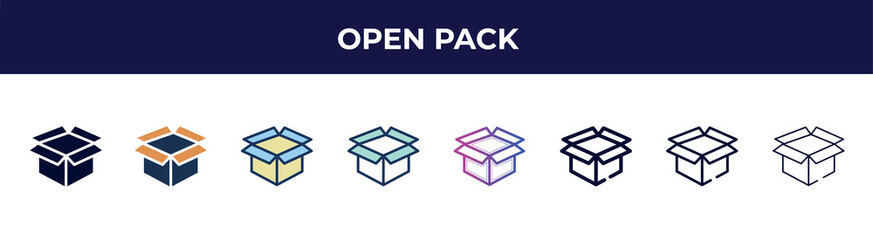 open pack icon in 8 styles. line, filled, glyph, thin outline, colorful, stroke and gradient styles, open pack vector sign. symbol, logo illustration. different style icons set.