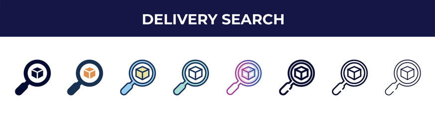 delivery search icon in 8 styles. line, filled, glyph, thin outline, colorful, stroke and gradient styles, delivery search vector sign. symbol, logo illustration. different style icons set.