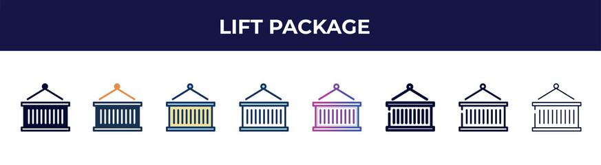 Fototapeta premium lift package icon in 8 styles. line, filled, glyph, thin outline, colorful, stroke and gradient styles, lift package vector sign. symbol, logo illustration. different style icons set.