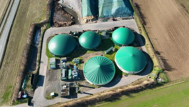 Biogas plant - aerial tracking shot - drone point of view