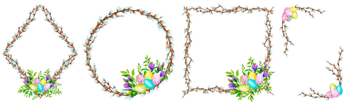 Frames made of willow branches with colorful Easter eggs. Set of watercolor frames. Design for greeting cards, invitations, labels, posters, textiles with place for text.