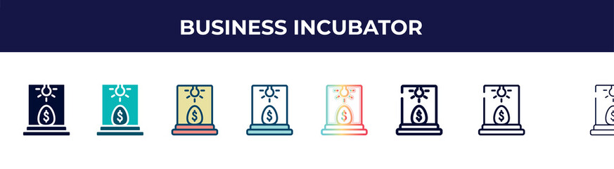 business incubator icon in 8 styles. line, filled, glyph, thin outline, colorful, stroke and gradient styles, business incubator vector sign. symbol, logo illustration. different style icons set.