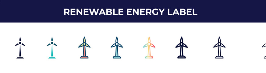 renewable energy label icon in 8 styles. line, filled, glyph, thin outline, colorful, stroke and gradient styles, renewable energy label vector sign. symbol, logo illustration. different style icons