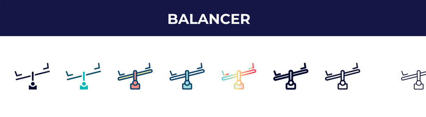 balancer icon in 8 styles. line, filled, glyph, thin outline, colorful, stroke and gradient styles, balancer vector sign. symbol, logo illustration. different style icons set.