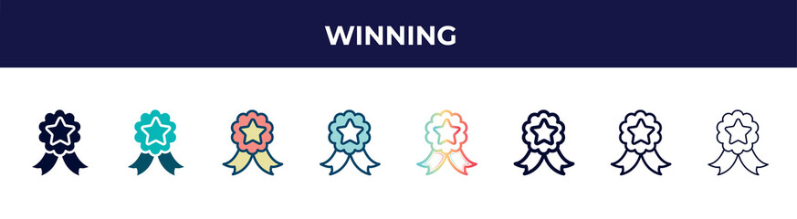 winning icon in 8 styles. line, filled, glyph, thin outline, colorful, stroke and gradient styles, winning vector sign. symbol, logo illustration. different style icons set.