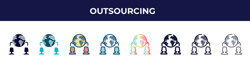 outsourcing icon in 8 styles. line, filled, glyph, thin outline, colorful, stroke and gradient styles, outsourcing vector sign. symbol, logo illustration. different style icons set.
