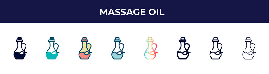 massage oil icon in 8 styles. line, filled, glyph, thin outline, colorful, stroke and gradient styles, massage oil vector sign. symbol, logo illustration. different style icons set.