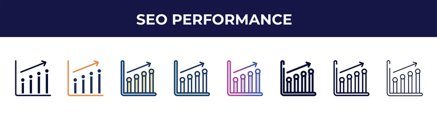 seo performance icon in 8 styles. line, filled, glyph, thin outline, colorful, stroke and gradient styles, seo performance vector sign. symbol, logo illustration. different style icons set.