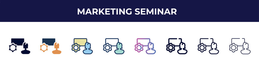 marketing seminar icon in 8 styles. line, filled, glyph, thin outline, colorful, stroke and gradient styles, marketing seminar vector sign. symbol, logo illustration. different style icons set.