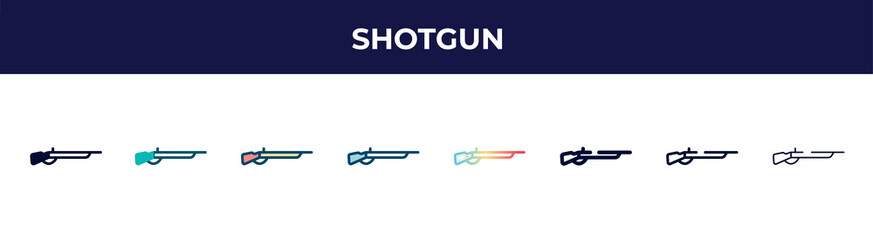 shotgun icon in 8 styles. line, filled, glyph, thin outline, colorful, stroke and gradient styles, shotgun vector sign. symbol, logo illustration. different style icons set.