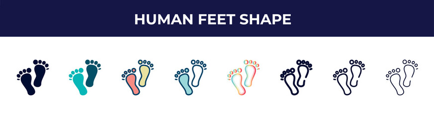 human feet shape icon in 8 styles. line, filled, glyph, thin outline, colorful, stroke and gradient styles, human feet shape vector sign. symbol, logo illustration. different style icons set.