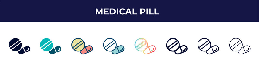 Fototapeta premium medical pill icon in 8 styles. line, filled, glyph, thin outline, colorful, stroke and gradient styles, medical pill vector sign. symbol, logo illustration. different style icons set.