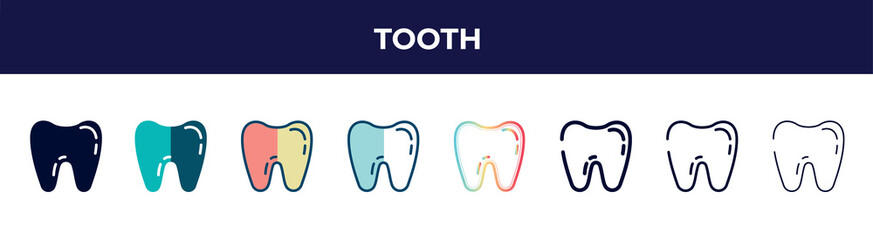 tooth icon in 8 styles. line, filled, glyph, thin outline, colorful, stroke and gradient styles, tooth vector sign. symbol, logo illustration. different style icons set.