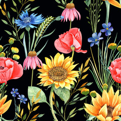 Sunflowers summer seamless pattern. Wild flowers.  Isolated elements on a white background. Hand painted in watercolor. 