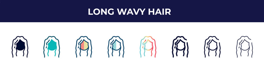 long wavy hair icon in 8 styles. line, filled, glyph, thin outline, colorful, stroke and gradient styles, long wavy hair vector sign. symbol, logo illustration. different style icons set.