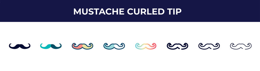 Fototapeta na wymiar mustache curled tip icon in 8 styles. line, filled, glyph, thin outline, colorful, stroke and gradient styles, mustache curled tip vector sign. symbol, logo illustration. different style icons set.