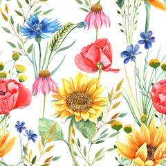Sunflowers summer seamless pattern. Wild flowers.  Isolated elements on a white background. Hand painted in watercolor. 