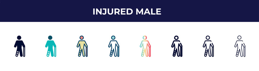 injured male icon in 8 styles. line, filled, glyph, thin outline, colorful, stroke and gradient styles, injured male vector sign. symbol, logo illustration. different style icons set.