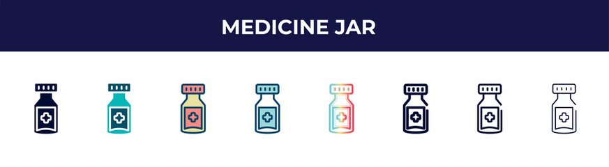 medicine jar icon in 8 styles. line, filled, glyph, thin outline, colorful, stroke and gradient styles, medicine jar vector sign. symbol, logo illustration. different style icons set.