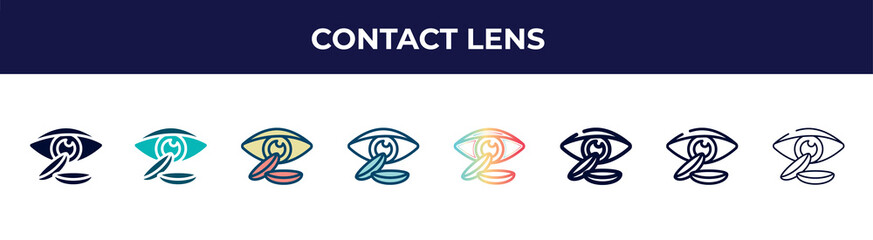 contact lens icon in 8 styles. line, filled, glyph, thin outline, colorful, stroke and gradient styles, contact lens vector sign. symbol, logo illustration. different style icons set.