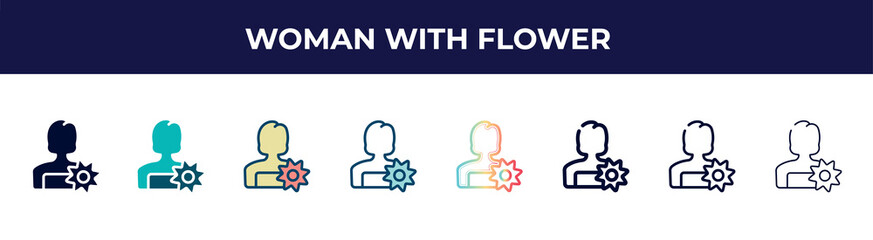 woman with flower icon in 8 styles. line, filled, glyph, thin outline, colorful, stroke and gradient styles, woman with flower vector sign. symbol, logo illustration. different style icons set.