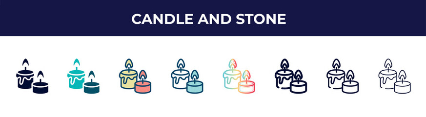 candle and stone icon in 8 styles. line, filled, glyph, thin outline, colorful, stroke and gradient styles, candle and stone vector sign. symbol, logo illustration. different style icons set.