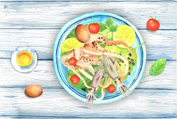 Watercolor seafood. Crawfish Boil, Shrimps, Seafood Fish, Kitchen Watercolor Illustration, printable poster.  Isolated element on a white background. Hand painted in watercolor.
