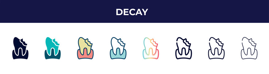 decay icon in 8 styles. line, filled, glyph, thin outline, colorful, stroke and gradient styles, decay vector sign. symbol, logo illustration. different style icons set.