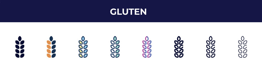 gluten icon in 8 styles. line, filled, glyph, thin outline, colorful, stroke and gradient styles, gluten vector sign. symbol, logo illustration. different style icons set.