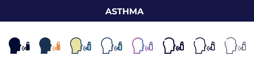 asthma icon in 8 styles. line, filled, glyph, thin outline, colorful, stroke and gradient styles, asthma vector sign. symbol, logo illustration. different style icons set.