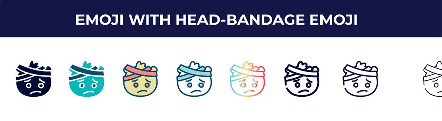 emoji with head-bandage emoji icon in 8 styles. line, filled, glyph, thin outline, colorful, stroke and gradient styles, emoji with head-bandage vector sign. symbol, logo illustration. different