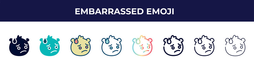 embarrassed emoji icon in 8 styles. line, filled, glyph, thin outline, colorful, stroke and gradient styles, embarrassed emoji vector sign. symbol, logo illustration. different style icons set.