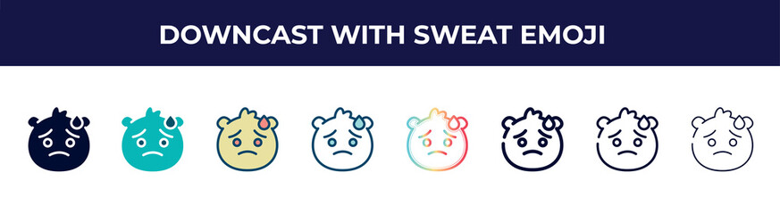 downcast with sweat emoji icon in 8 styles. line, filled, glyph, thin outline, colorful, stroke and gradient styles, downcast with sweat emoji vector sign. symbol, logo illustration. different style