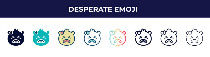 desperate emoji icon in 8 styles. line, filled, glyph, thin outline, colorful, stroke and gradient styles, desperate emoji vector sign. symbol, logo illustration. different style icons set.