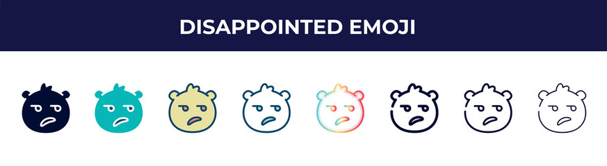 disappointed emoji icon in 8 styles. line, filled, glyph, thin outline, colorful, stroke and gradient styles, disappointed emoji vector sign. symbol, logo illustration. different style icons set.