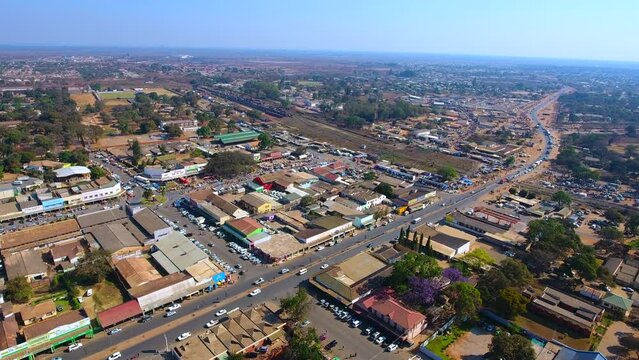 Aerial view of Kabwe, Zambia, featuring urban neighborhoods, streets, and surrounding Southern African landscapes.