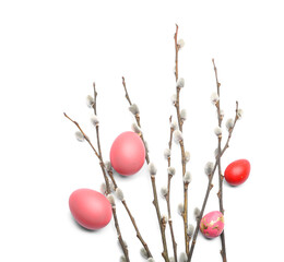 Painted Easter eggs and pussy willow branches on white background
