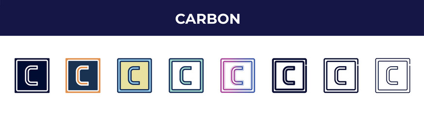 carbon icon in 8 styles. line, filled, glyph, thin outline, colorful, stroke and gradient styles, carbon vector sign. symbol, logo illustration. different style icons set.