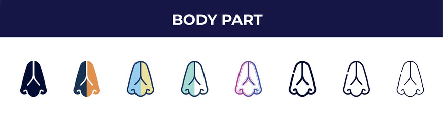 body part icon in 8 styles. line, filled, glyph, thin outline, colorful, stroke and gradient styles, body part vector sign. symbol, logo illustration. different style icons set.