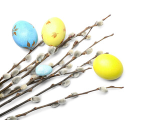 Painted Easter eggs and pussy willow branches on white background