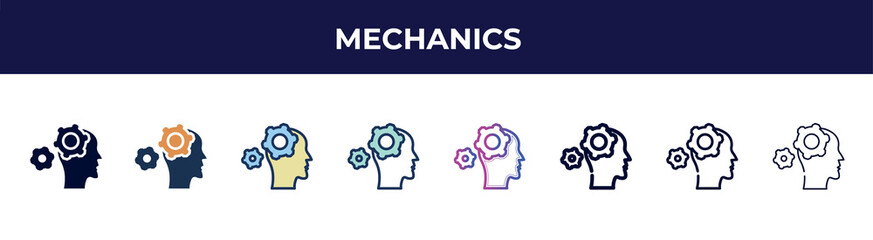 mechanics icon in 8 styles. line, filled, glyph, thin outline, colorful, stroke and gradient styles, mechanics vector sign. symbol, logo illustration. different style icons set.